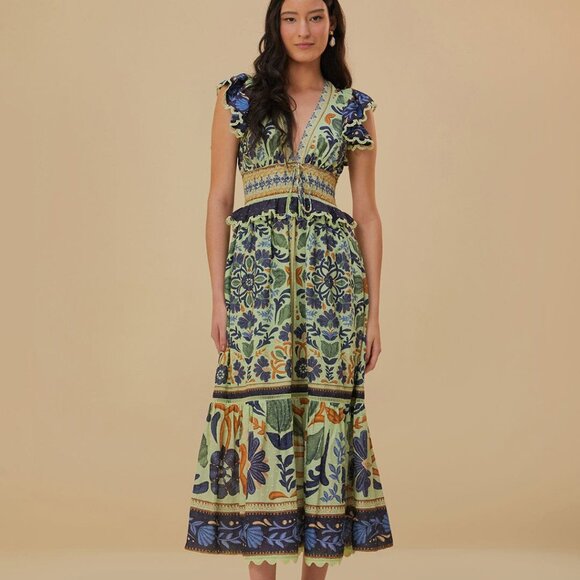 FARM Rio Floral Maxi Ocean Tapestry Dress - Blue and Green NWOT XS - Picture 1 of 6